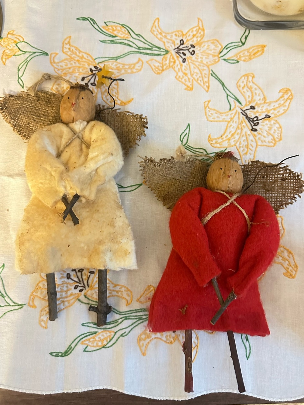 Vintage Folk Art Walnut Head Angel Ornaments Burlap Wings Primitive Pair